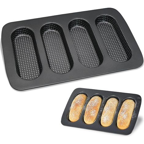 Molde para baguette, bandeja perforada para hornear, molde antiadherente para pan, molde de acero al carbono para hot dogs, pan y panecillos (negro) (1/5)