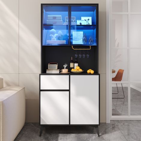 Armario alto, vitrina, aparador, mueble de comedor, mueble de salón, estilo blanco y negro, estructura de MDF, elementos de cristal, iluminación LED integrada, espacio de almacenamiento versátil. (1/5)