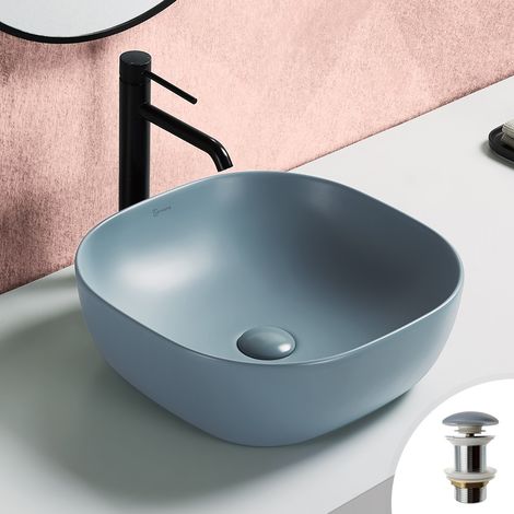 Vasque à poser carrée 41x41cm en céramique bleu cendré mat + bonde pop-up incluse collection ALTANE (1/5)