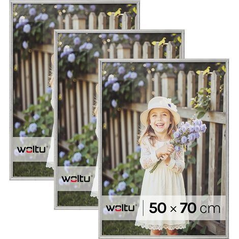 Lot de 3 Cadre Photo 50x70 cm WOLTU, Cadre en Bois Massif, Décoration Murale ou sur Table, avec Passe Partout, Argenté