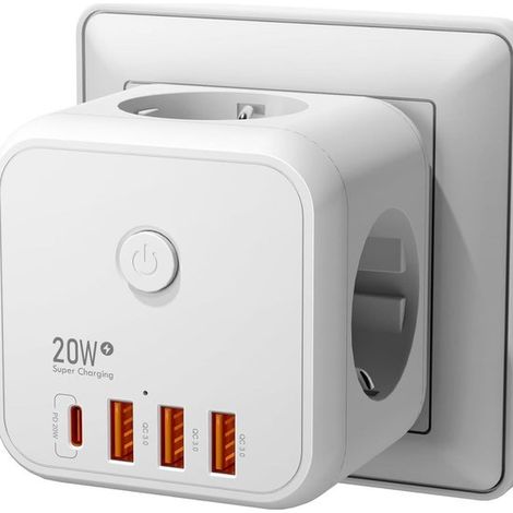 Multiprise compacte – 3 prises – 3 ports USB (USB-C) – Charge rapide 20W – Blanc – Protection surcharges (1/5)