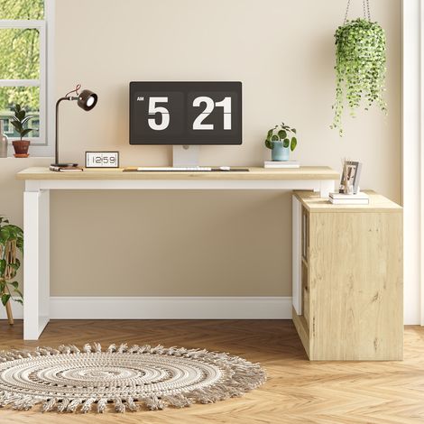 Bureau d'Angle 152 cm en L - Design Scandinave Blanc et Bois - 2 Tiroirs, Étagères Ouvertes et Placard avec Étagère Réglable - Table de travail (1/5)