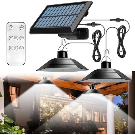 Lampes solaires pour extérieur et intérieur, lampe solaire avec télécommande, lampes suspendues LED solaires IP65, lampes solaires pour l'extérieur avec câble de 3 m, double tête, suspension solaire