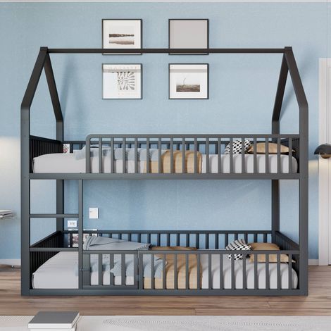 Lit mezzanine enfant 140x200 cm noir en métal, structure cabane, espace inférieur avec portillon, échelle frontale, barrières de sécurité, sommier 20 lattes en métal inclus (1/5)