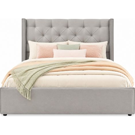 Lit coffre 140x200 cm capitonné avec relevage hydraulique, sommier à lattes métal et coffre de rangement, tissu gris clair, style moderne - CHICFURN (1/5)
