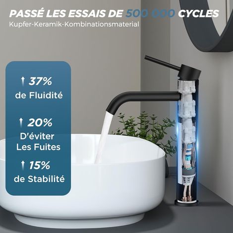 Mitigeur noir pour lavabo de salle de bain – Levier unique adaptable sur vasque et WC invité – Version haute