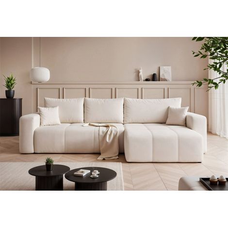 Ecksofa Schlafsofa Sofa LEROS XL in Stoff Manila Creme Ottomane Rechts