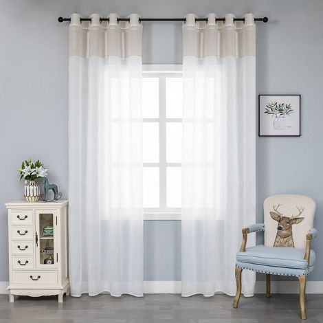 Paire de rideaux blancs semi-transparents, ourlet supérieur beige avec dentelle, pour fenêtre, porte, salon, chambre et chambre à coucher, 2 panneaux avec œillets 140 x 280 cm (1/5)