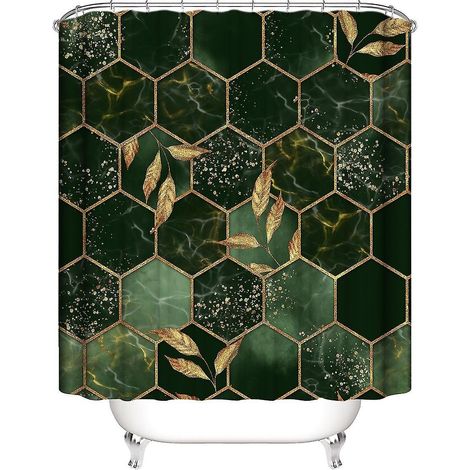 Rideau de douche abstrait géométrique en jade, rideau de douche rétro vert marbre effet feuille d'or, rideau de douche en tissu, décoration de salle de bain (1/5)