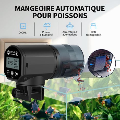 Distributeur automatique de nourriture pour poissons, programmable pour aquarium, capacité 200ml, rechargeable USB