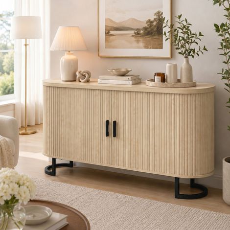 Buffet salon meuble rangement ovale 2 portes coulissantes étagères 140x40x75 cm bois naturel. Buffet salon avec portes coulissantes pour un style épuré, design et pratique. (1/5)