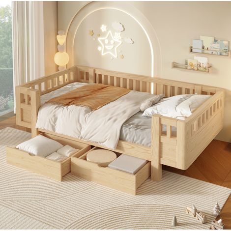Lit simple enfant 90x200 cm en bois naturel, gain de place pour chambre FloraGrace (1/5)