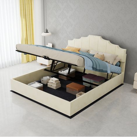 Lit coffre 160x200 beige avec vérins hydrauliques DESVIAE (1/5)