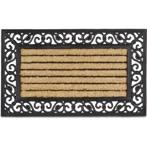 Relaxdays Coir and Rubber Doormat with Stripe and Floral Pattern, Large Weather-Proof Welcome Mat Striped Floor Mat with Anti-Slip Underside for Outdoor Use, Cast-Iron Look, Brown & Black