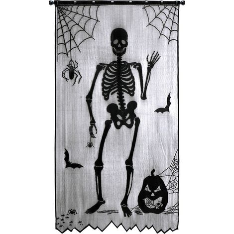 Cortina de encaje negro para puerta o ventana, 40x82 pulgadas, con estampado de esqueleto, telaraña, bruja, murciélago y duende, ideal para decoración. (1/5)