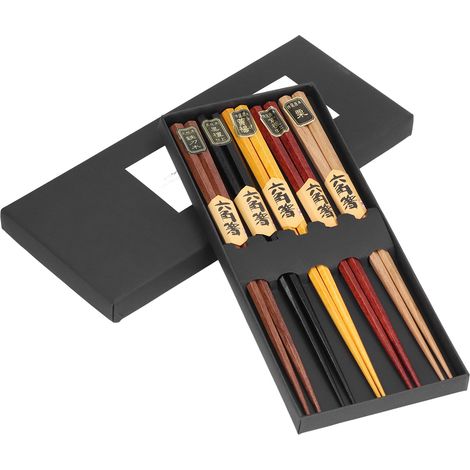 Ensemble de baguettes de 5 couleurs différentes, en bois naturel, antidérapantes et confortables. Baguettes hexagonales réutilisables. (1/5)