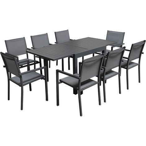 HAPPY GARDEN - Salon de jardin VENEZIA extensible 90/180 en textilène gris 8 places - aluminium anthracite