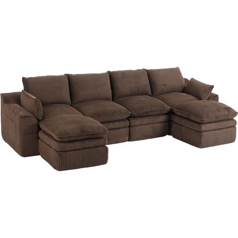 Canapé modulaire 4 places en velours côtelé (avec 2 poufs) – avec coussins et 2 poches latérales, mousse 3 couches + ressorts pour un rebond rapide. Modulable librement – idéal pour le salon, le burea (1/5)