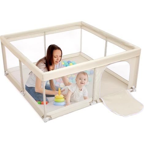 Parc pour bébé, 150 cm Compact et Résistant, Protection en Mousse, Antidérapant, Maille Respirante Transparente, Porte à Glissière Ronde, Parc de Jeu Sécurisé pour Bébé et Tout-Petits, Intérieur (1/5)