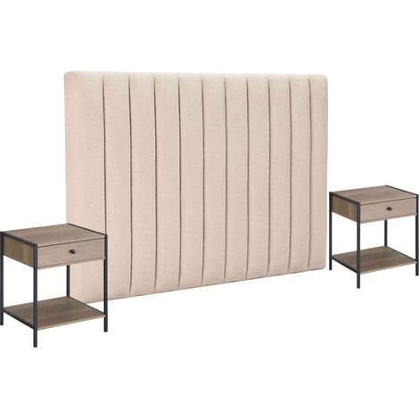 Cabecero con 2 Mesitas de Noche, Cabezal + 2 Mesillas, Muebles Dormitorio Beige y Roble Cambrian 245 cm