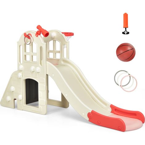 Scivolo grande per bambini 6 in 1 con canestro palla lancio dell'anello e cannocchiale, Set da gioco Rosa (1/4)