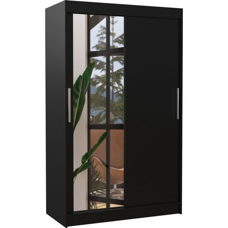 Petite armoire de chambre BAZO 2 portes coulissantes bois et miroir 120 cm-Noir-Largeur 120 cm (1/5)