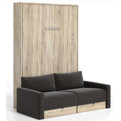 Lit escamotable vertical à tiroirs et canapé tissu VALENCIA Marron Sans matelas-80x180-Canapé Marron-Structure Chêne clair (1/5)