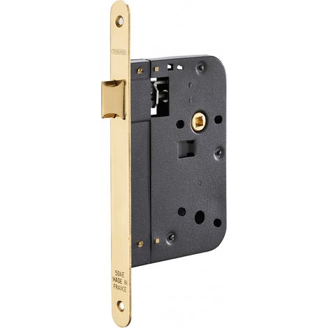 Serratura da incasso per porta interna, asse 70mm, piastra tonda, ottone lucido - THIRARD