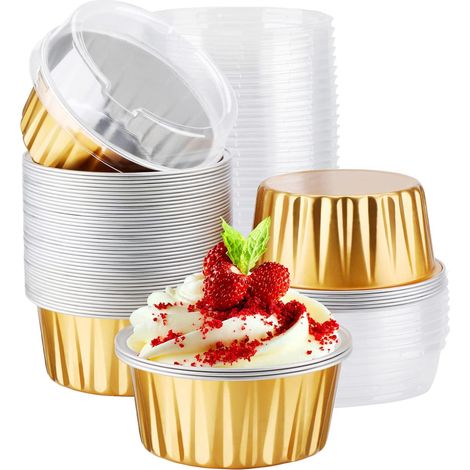 Ramequin - Aluminium Jetable avec Couvercle - Pour Crème Brûlée Gâteau Individual Flan - Doré - 25 Pièces (1/5)