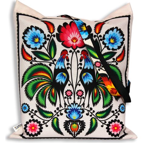 Borsa folk di Łowicz, impregnata, galli verdi, ritaglio beige (1/5)