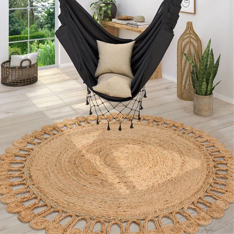 Paco Home Teppich Rund Wohnzimmer Jute Naturfaser Handgemacht Boho Modern Ethno Einfarbig Beige 120 cm Rund