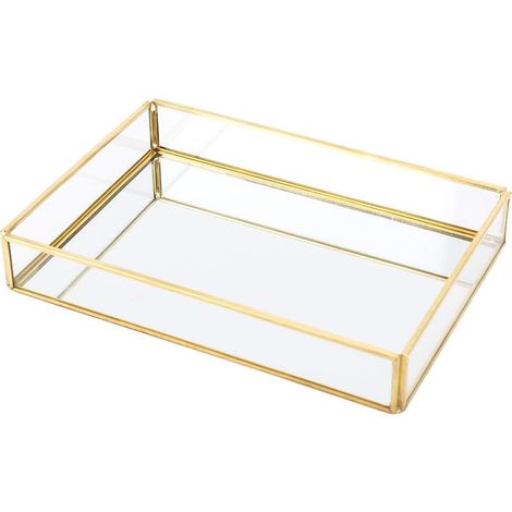 Vintage Schmuckkästchen aus Glas, luxuriöser Kosmetik-Organizer mit Messingverzierungen für Schminktische, großes Fassungsvermögen (rechteckig, mittelgroß) (1/5)