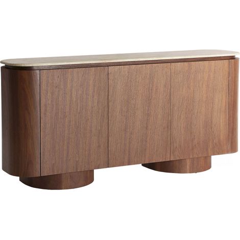 Buffet contemporain en marbre synthétique et bois noyer élégant - Beige marbré et noyer foncé (1/5)