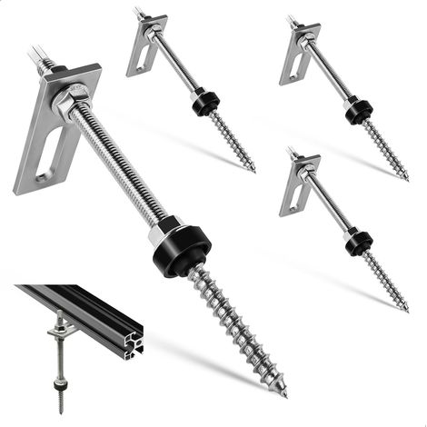 Kit de 4 Pièces Fixation Panneau Solaire en Acier Inoxydable, Double Filetage M10 x 200 mm avec 4 Tôles d'Adaptation, pour Assemblage Photovoltaïque sur Toiture Bac Acier, Toit Ondulé ou Plat (1/5)