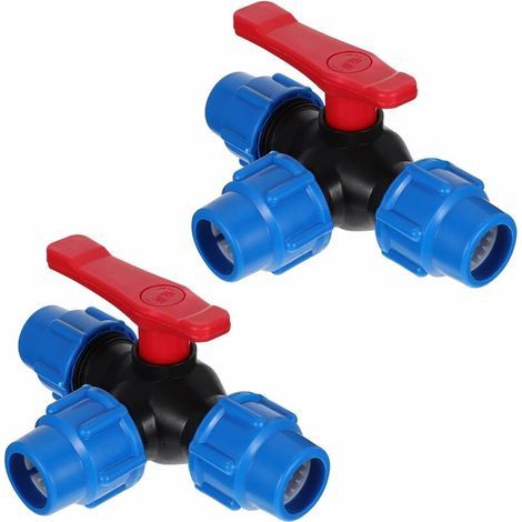 Set of 2 practical 3-way ball valves made of rust-resistant HDPE with red vinyl insulated handle and NPT female thread for pipe (25 mm) (1/5)