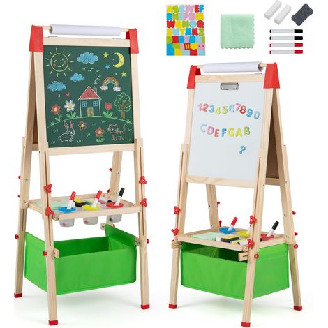 COSTWAY Tableau Enfant Double Face en Bois avec Rouleau de Papier (Vert) (1/5)