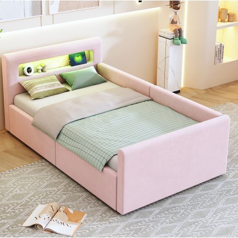 Letto per bambini imbottito moderno 90x200 cm in velluto rosa, con testiera LED, luce notturna, USB e vano contenitore idraulico (1/5)