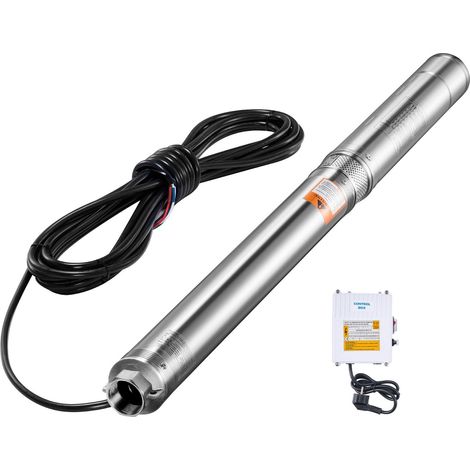 Pompe submersible puits profond 910W, 230V, 100 L/min, hauteur de refoulement 53 m, cordon 20 m, coffret externe, acier inoxydable, IP68, pour irrigation industrielle. (1/5)