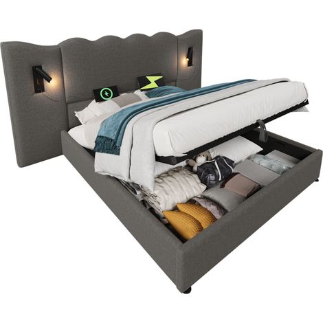 Lit coffre 160x200 cm en lin gris avec sommier à lattes, tête de lit ondulée, liseuse rotative et ports USB/Type-C (1/5)
