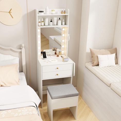 Costway – Coiffeuse compacte avec miroir et tabouret – Éclairage LED réglable 3 couleurs – Station de charge intégrée – 2 tiroirs – 72 x 39 x 151 cm (1/5)