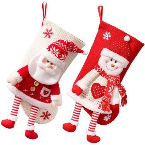 Lot de 2 Chaussettes de Noël, Tricot rouge, Décoration intérieure, 23x49 cm (1/4)