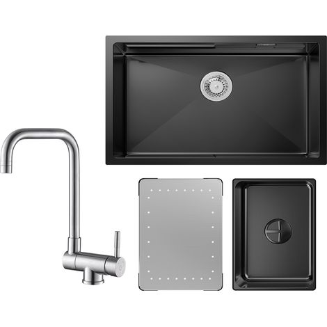Cecipa Lavello Cucina 1 Vasca Antracite con Gocciolatoio e Vaschetta Lavello Incasso 70×44×21CM + Rubinetto Cucina Ribaltabile Miscelatore Abbattibile Fronte Finestra Spazzolato (1/5)