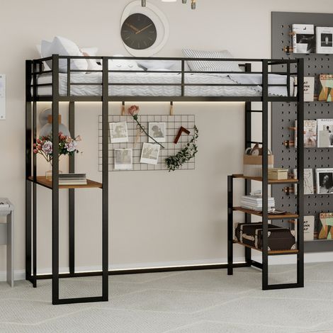 Lit mezzanine 90x190 cm avec bureau intégré, structure en métal, garde-corps et échelle, chambre enfant ado (1/5)