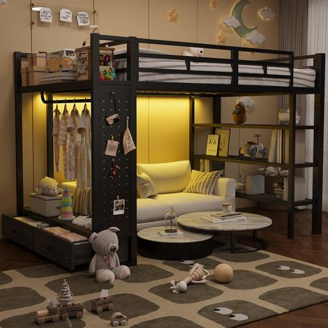 Lit mezzanine 140x200 métal noir, penderie ouverte, rangements, panneau perforé et éclairage LED, pour chambre ado et adulte (sans Matelas) (1/5)