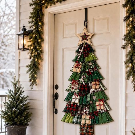 Set aus extragroßen Patchwork-Türdekorationen, Weihnachtsbaum, grün