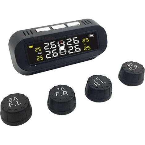 Sistema de monitoreo de presión de neumáticos solar con alerta de temperatura y 4 sensores externos. Monitor de presión de neumáticos para automóviles. (1/5)