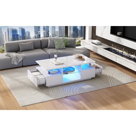 Mesa de centro de aglomerado blanco brillo con LED, 100 x 50 cm, 2 cajones y estantes de vidrio (1/5)