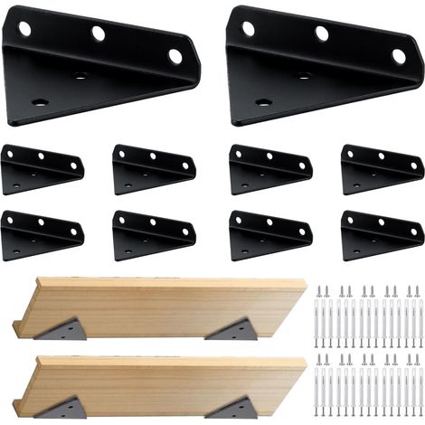 Lot de 10 Supports d'Étagère Invisibles, Équerre de Fixation Murale en Acier Noir 10x8cm, Support Étagère Flottante Charge Lourde avec Vis pour Rangement Cuisine, Salon et Bibliothèque DIY (1/5)