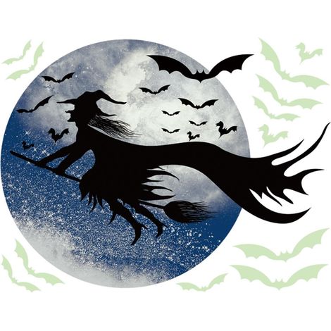 Décorations murales sorcière pour fenêtre, motif lune et chauve-souris phosphorescentes, papier peint (1/5)