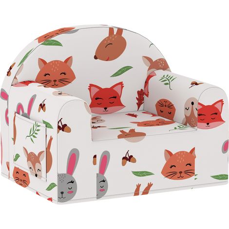 Fauteuil enfant blanc imprimé renard pour 18 à 36 mois avec housse amovible et poche, mobilier enfant design sobre pour chambre pratique et ludique